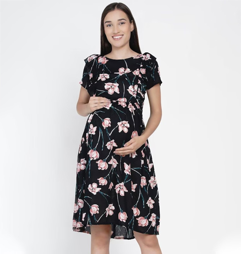 Women Black & Pink Floral Printed Viscose Rayon Maternity A-Line Dress